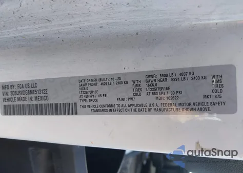 2021 Ram Promaster 2500 High Roof 159 Wb from USA, damaged, VIN 3C6LRVDG8ME513122